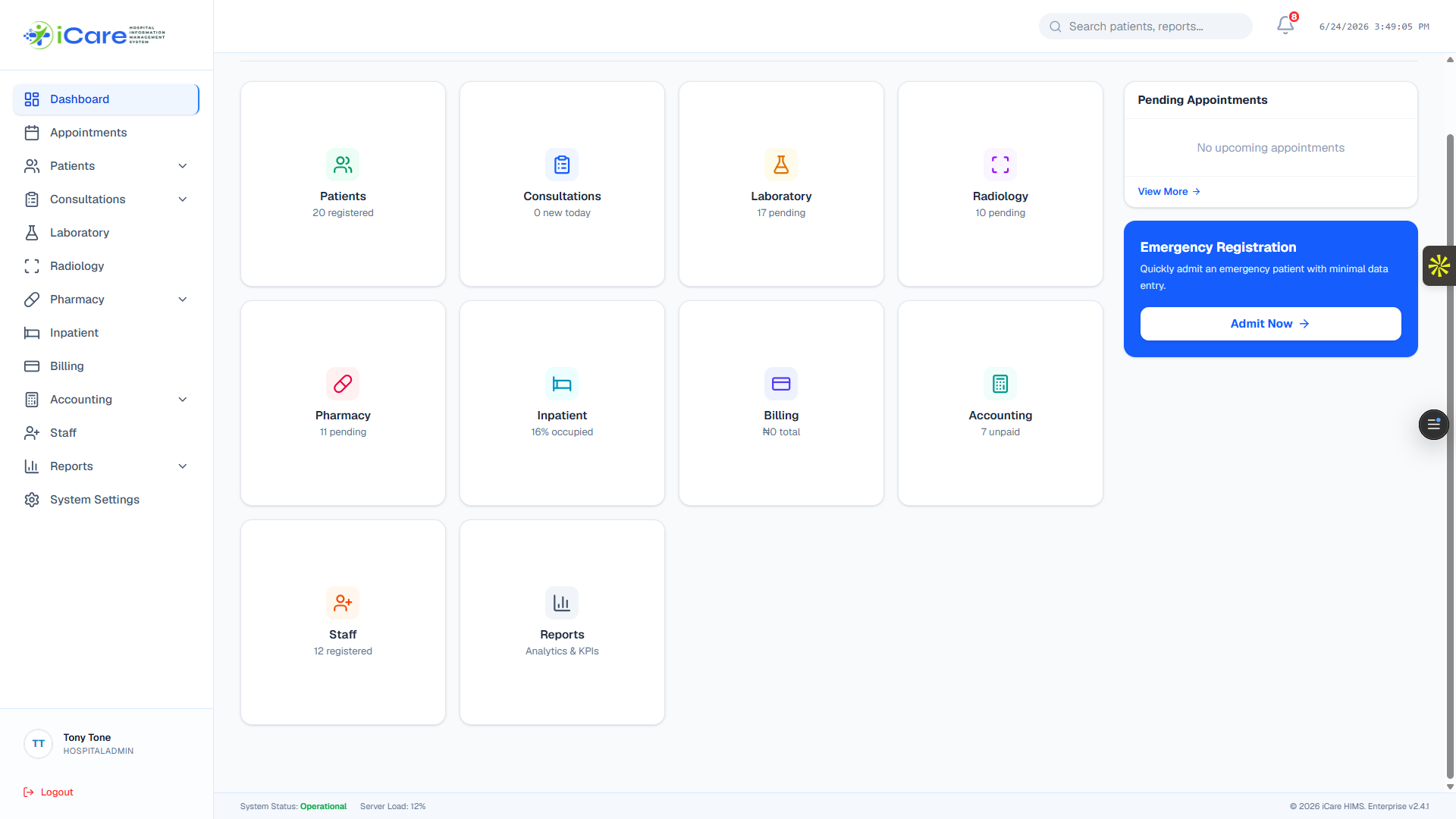 iCare HIMS dashboard overview